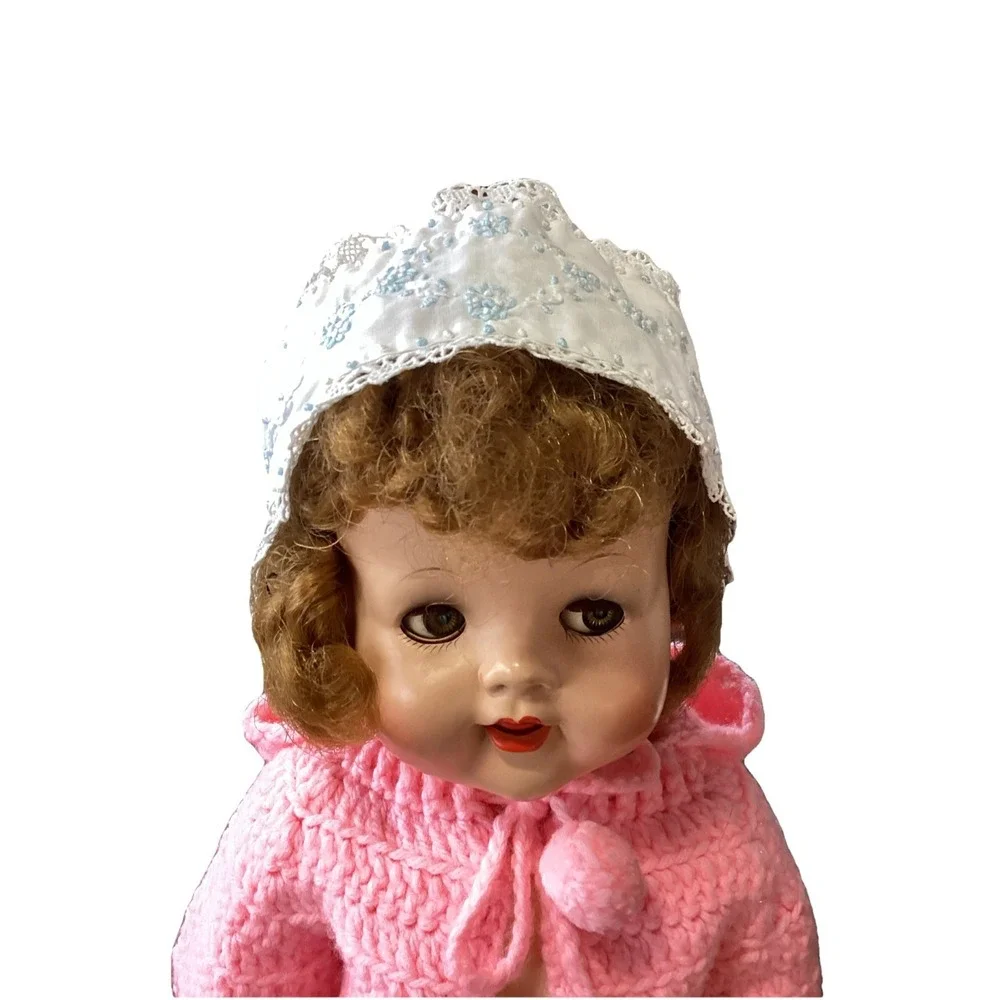 Vintage Handmade White Blue Embroidery And Lace Baby Or Doll Bonnet